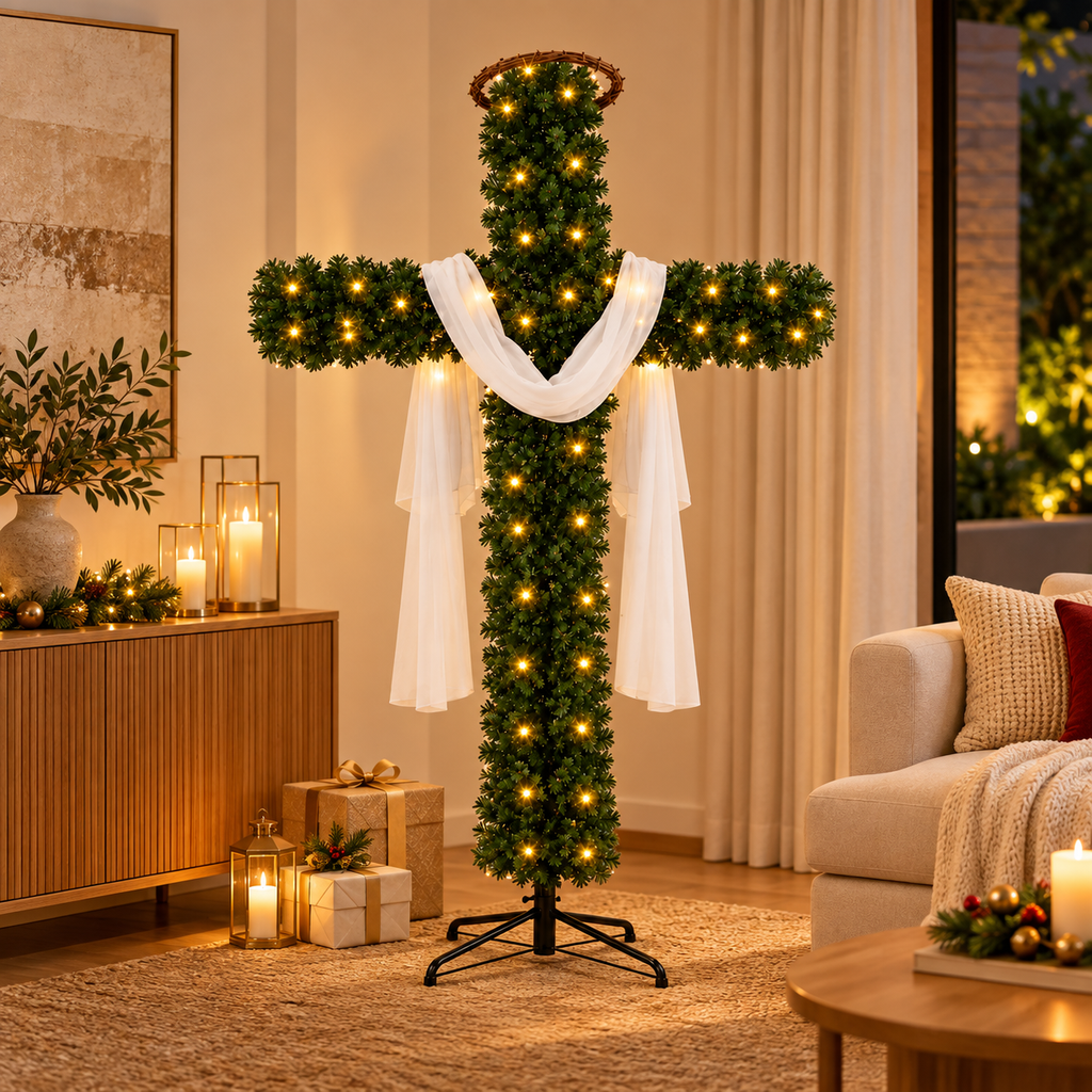 Árvore de Natal em forma de cruz - Decoração inclusa