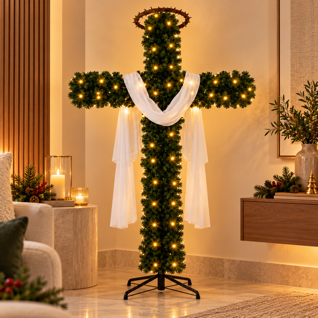 Árvore de Natal em forma de cruz - Decoração inclusa