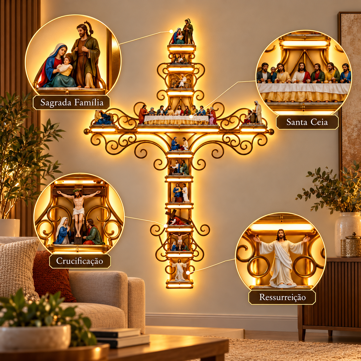 Cruz Sagrada Iluminada LED | A História de Jesus em Cada Detalhe
