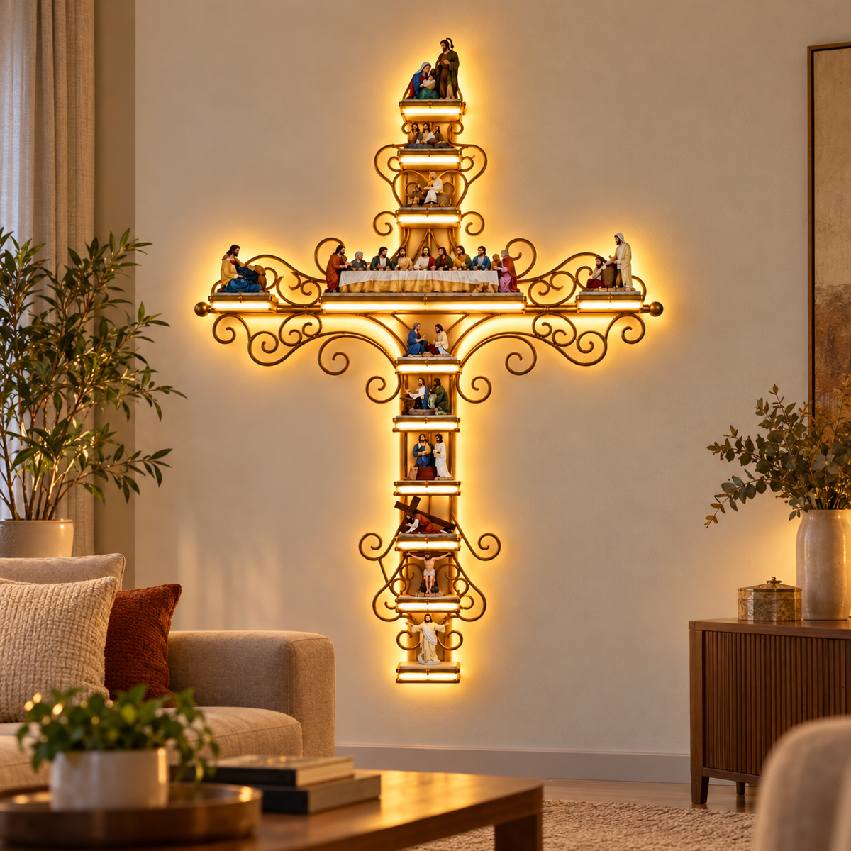 Cruz Sagrada Iluminada LED | A História de Jesus em Cada Detalhe