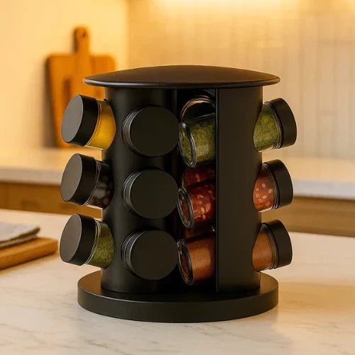 Porta Temperos Giratório 360º com Potes de Vidro e Tampa Dosadora | Organizador de Condimentos Premium