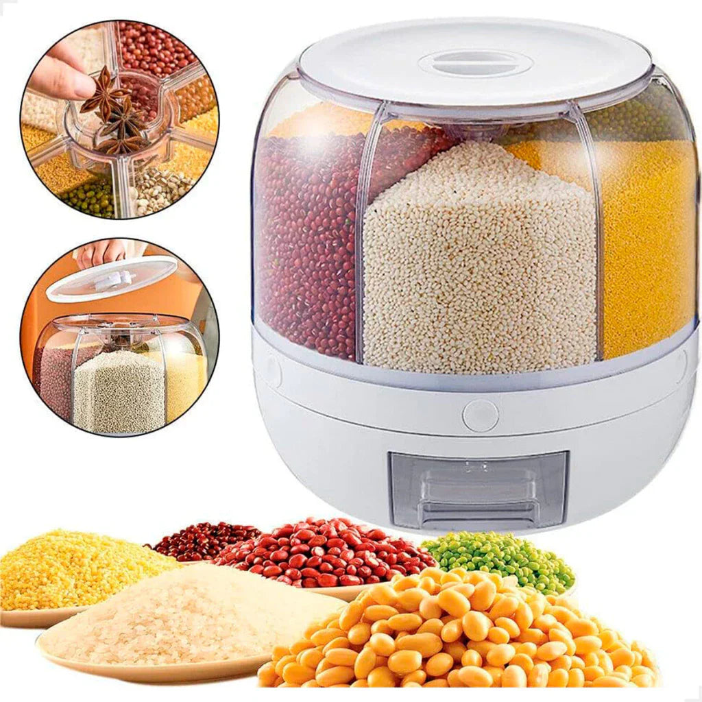 Dispenser de Cereais Giratório 6 Divisórias | Porta Grãos Organizador de Cozinha