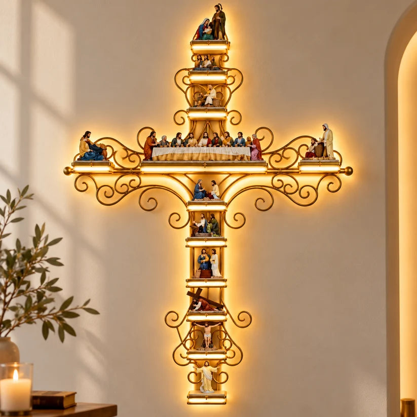Cruz Sagrada Iluminada LED | A História de Jesus em Cada Detalhe