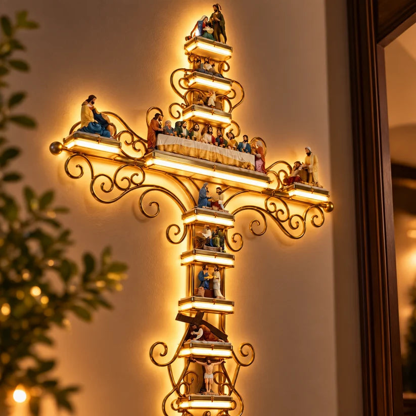 Cruz Sagrada Iluminada LED | A História de Jesus em Cada Detalhe