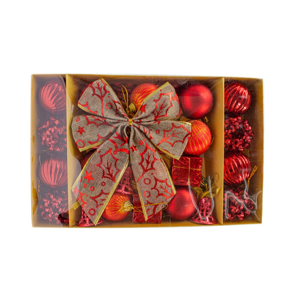 Kit 24 Enfeites Natalinos Bola Laço Decoração Árvore de Natal Vermelho Dourado Prata