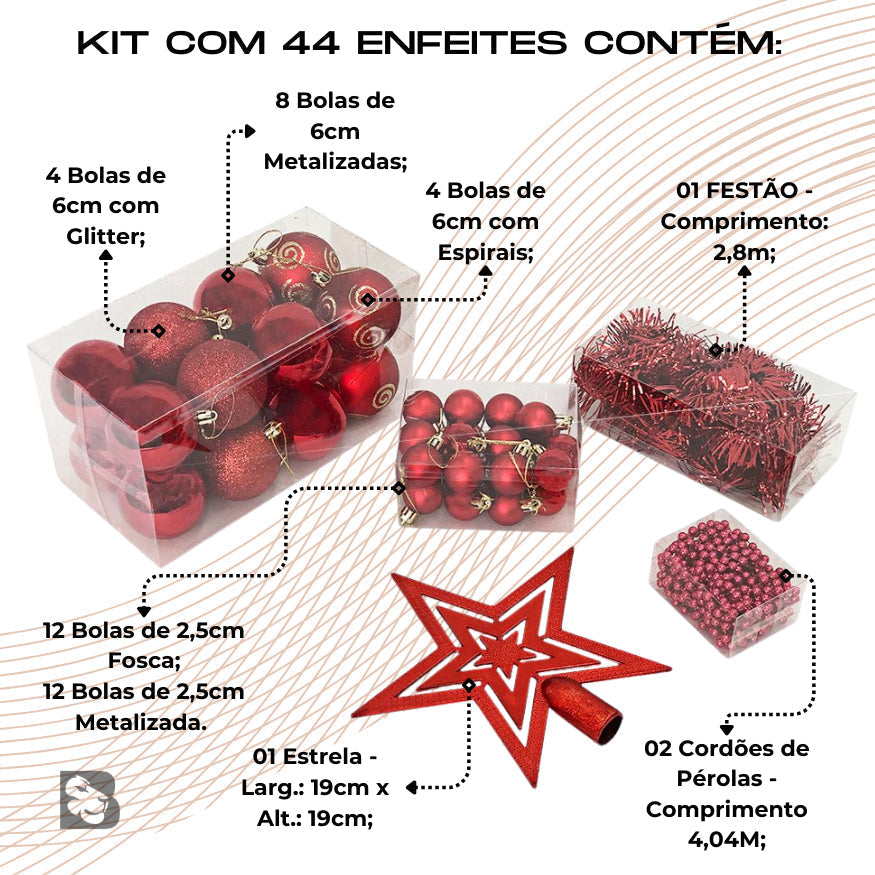 Kit 44 Enfeites Para Árvore de Natal Estrela Bolas Festão Cordão Pérolas Decoração Natalina