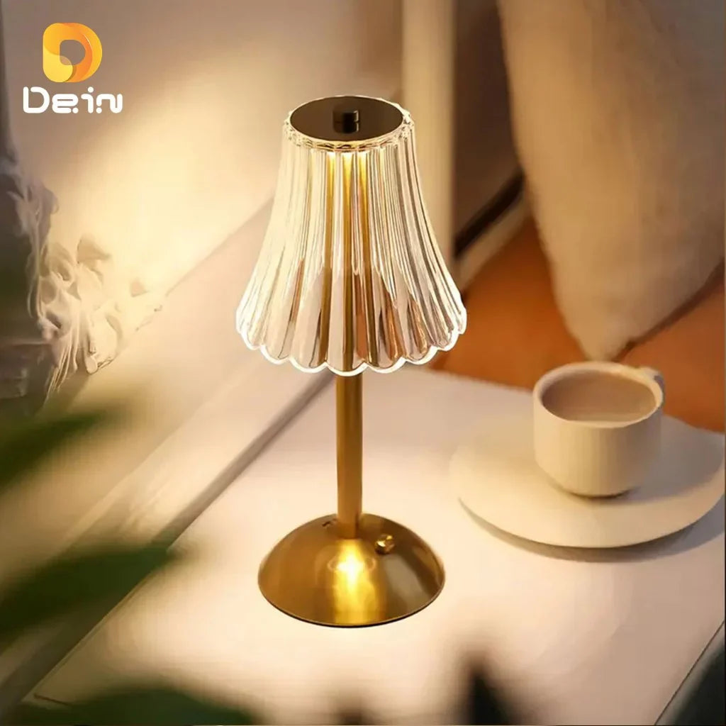 Luminária Retrô de Mesa LED Recarregável com Cúpula Transparente e Controle por Toque Dourada