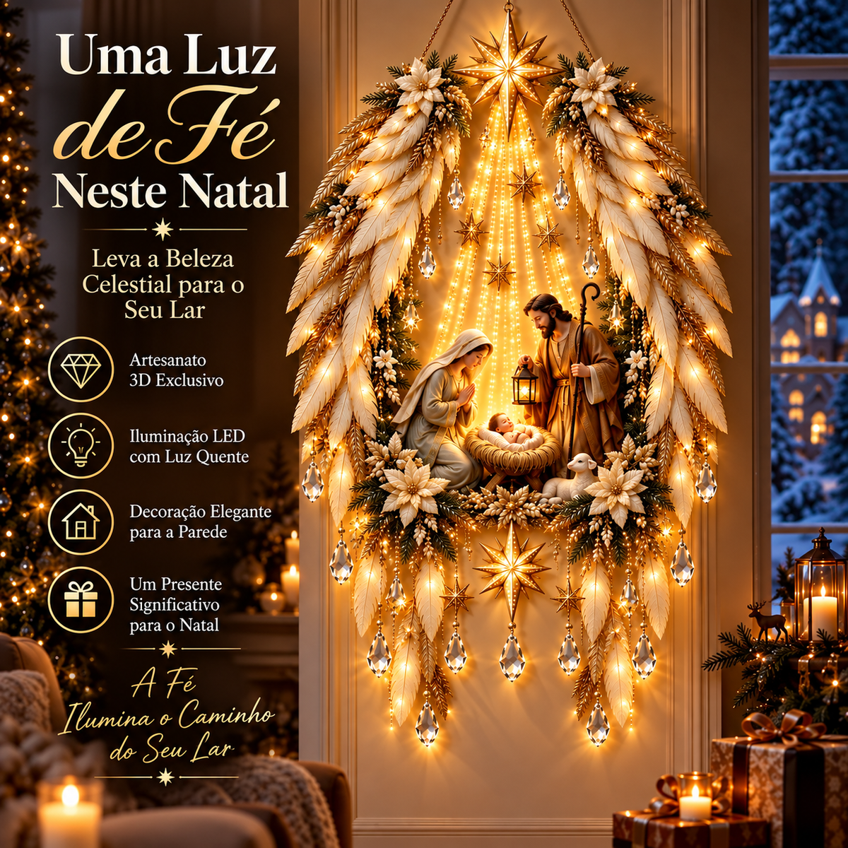 Presépio Sagrado Asas Celestiais com LED | A Luz do Nascimento de Jesus em Seu Lar