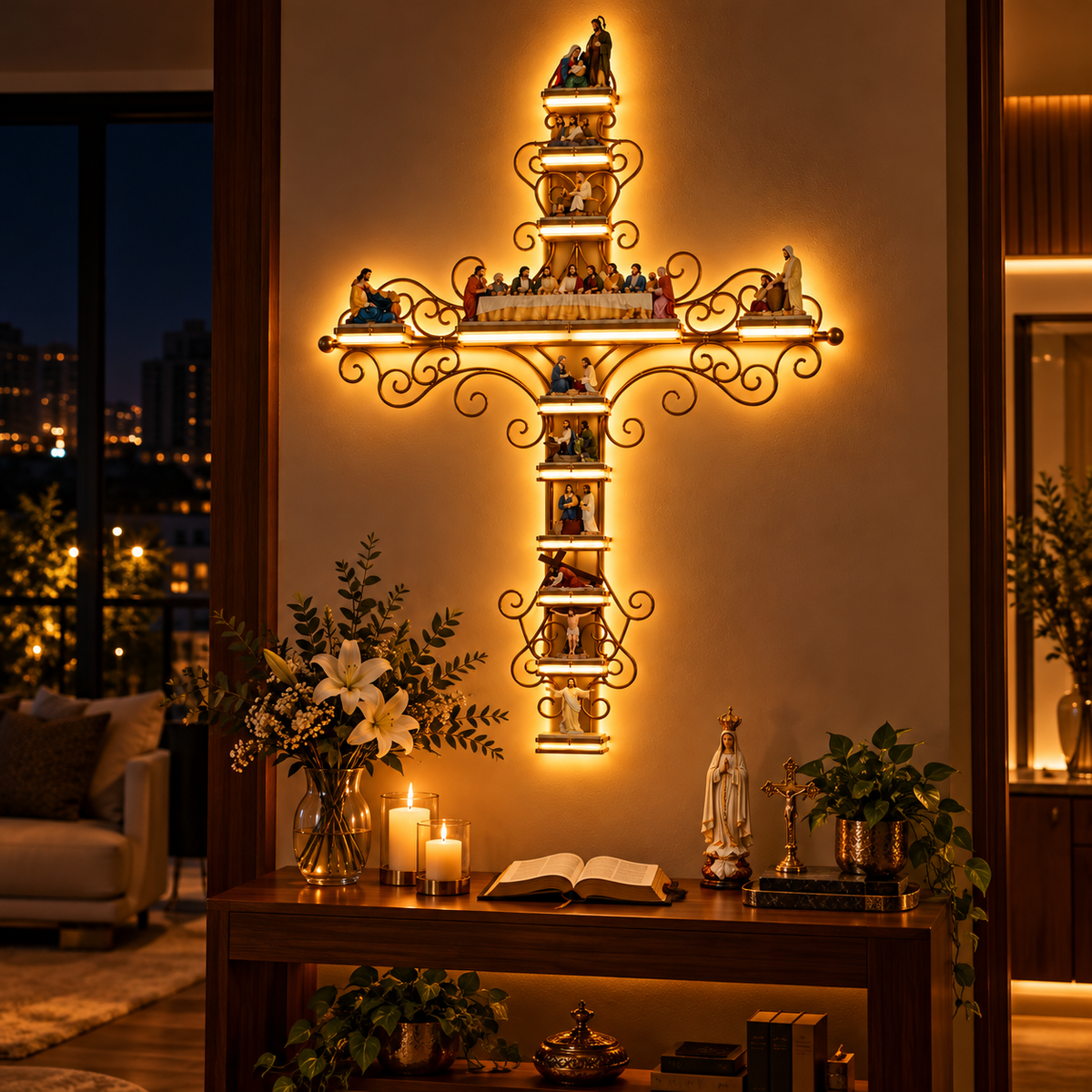 Cruz Sagrada Iluminada LED | A História de Jesus em Cada Detalhe