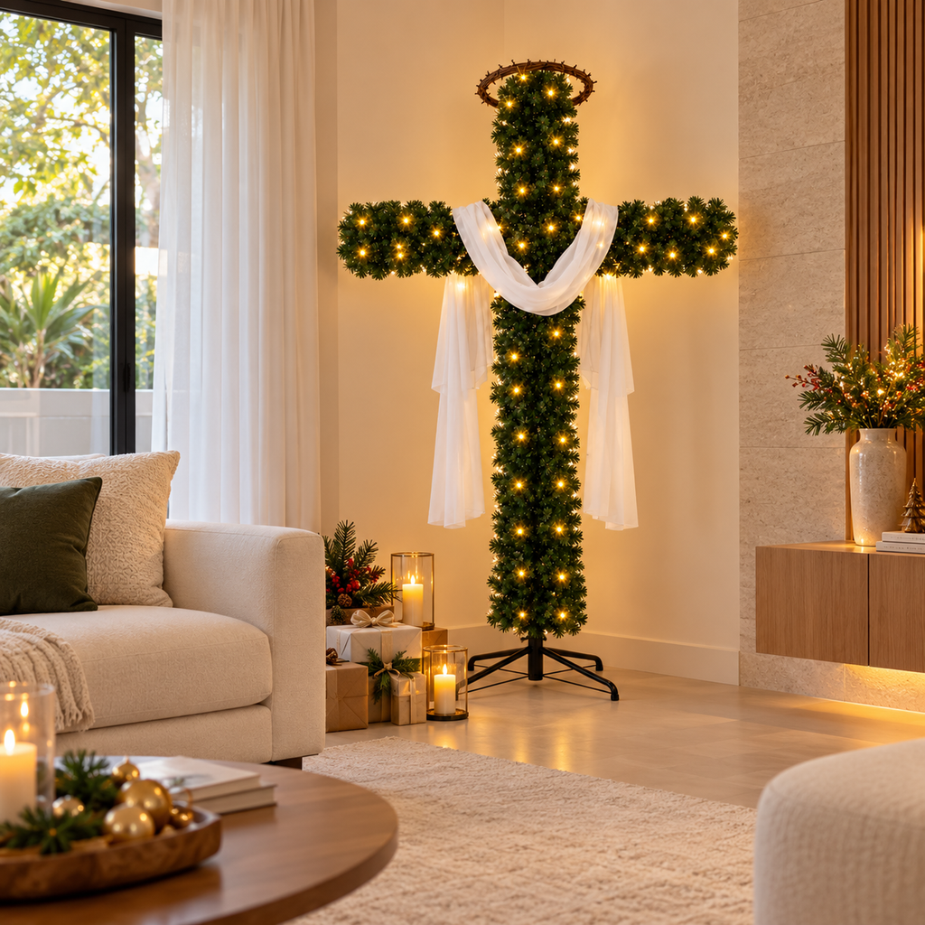 Árvore de Natal em forma de cruz - Decoração inclusa