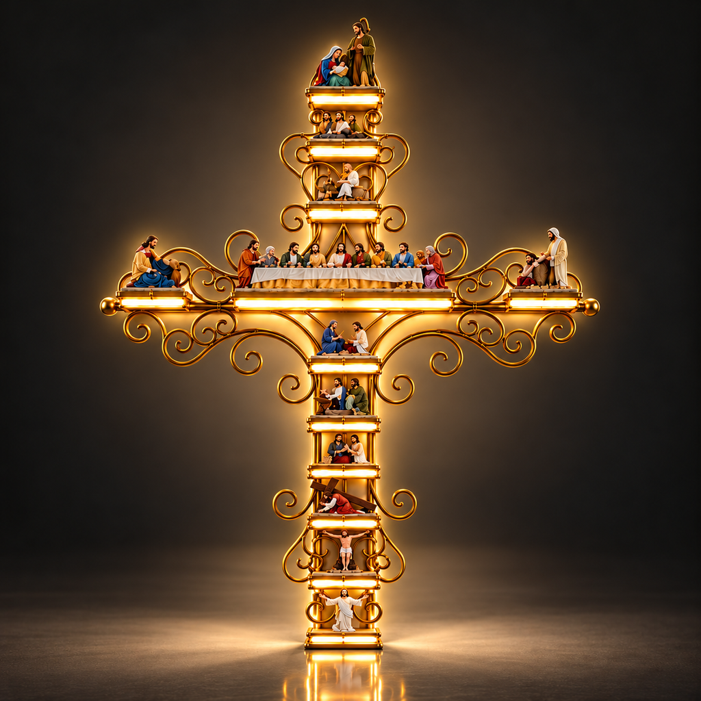 Cruz Sagrada Iluminada LED | A História de Jesus em Cada Detalhe