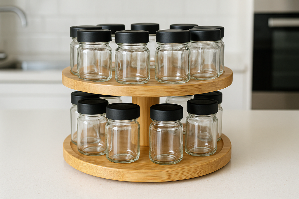 Porta Temperos Giratório Bambu 2 Andares com 16 Potes Vidro