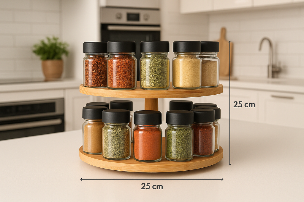 Porta Temperos Giratório Bambu 2 Andares com 16 Potes Vidro