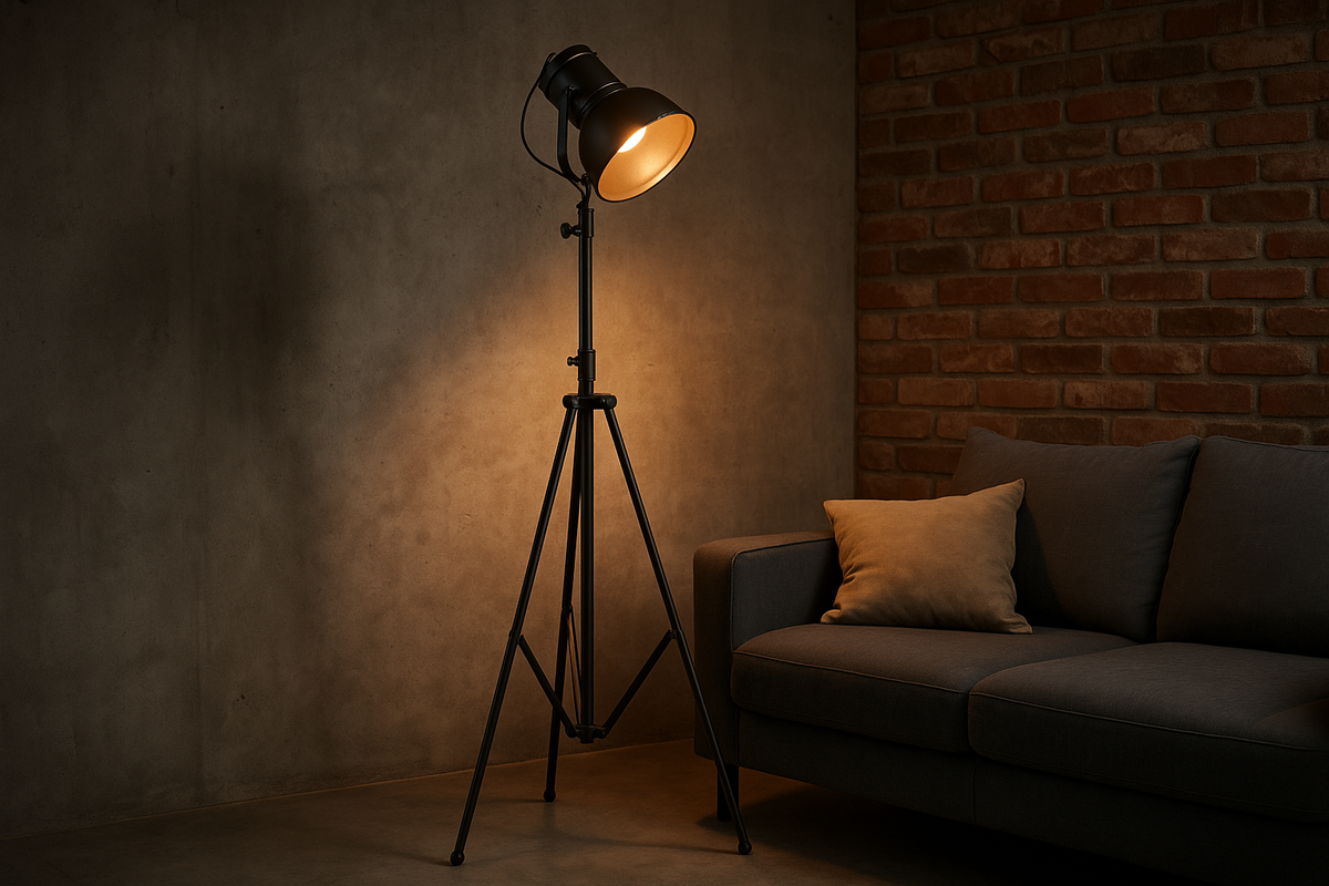 Luminária de Chão Industrial Tripé Metal Preto Spot Ajustável 160cm