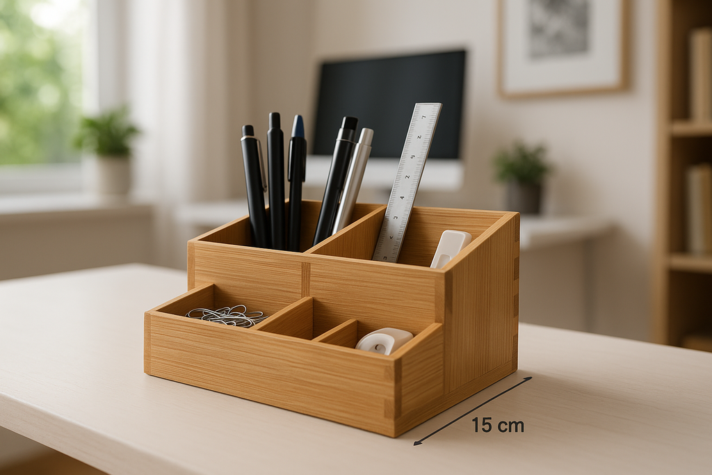 Organizador de Mesa Bambu Natural 4 Compartimentos 25x15cm