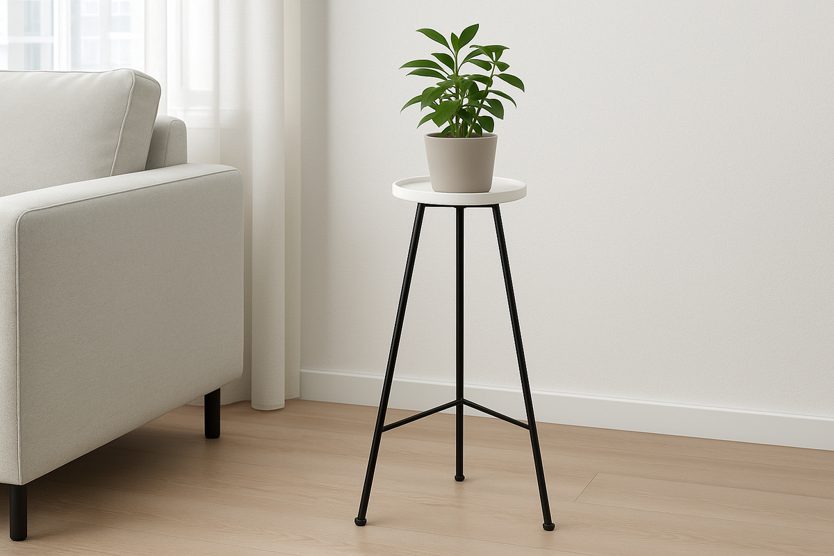 Suporte para Plantas Tripé Metal Preto com Base Cerâmica 70cm