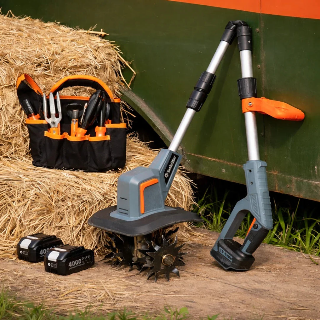 Cultivador Elétrico Terrox Sem Fio Com Lâminas de Aço Inoxidável e Bateria Dupla + BRINDE: Kit 10 Ferramentas