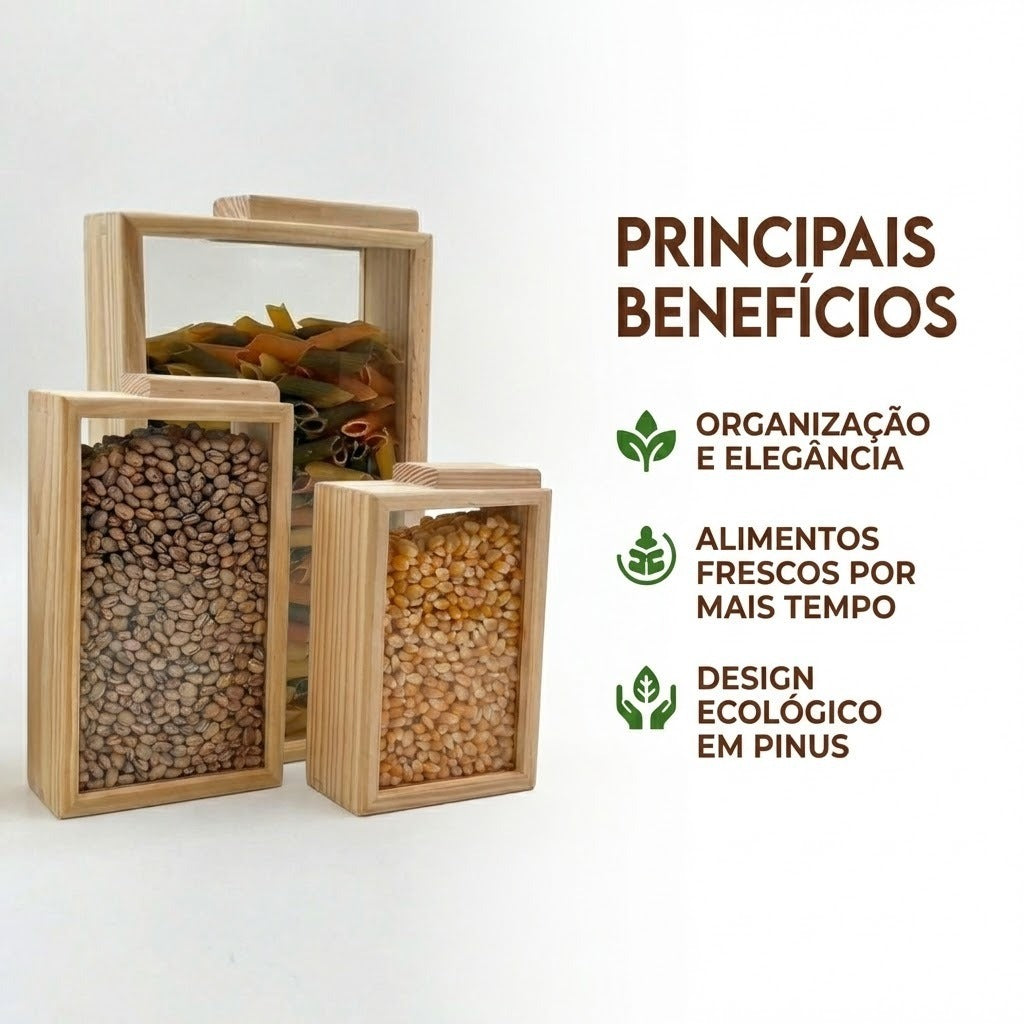 Kit 3 Porta Alimentos Organizador Pinus Ecológico Prático