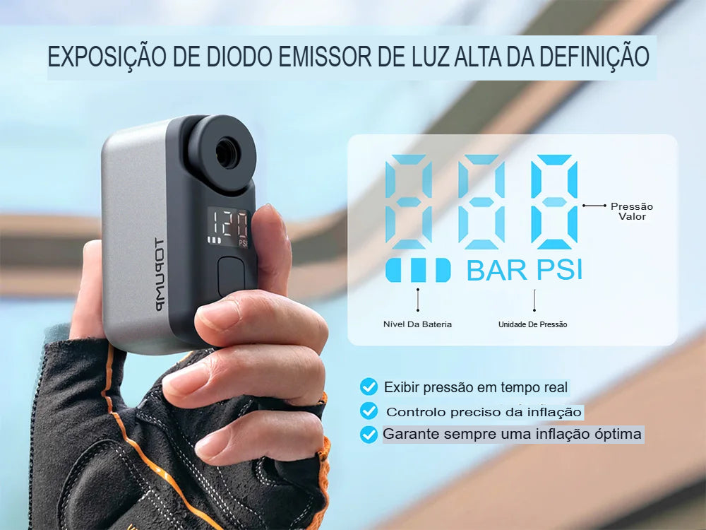 Bomba Elétrica Portátil para Bicicleta com Medidor de Pressão Digital